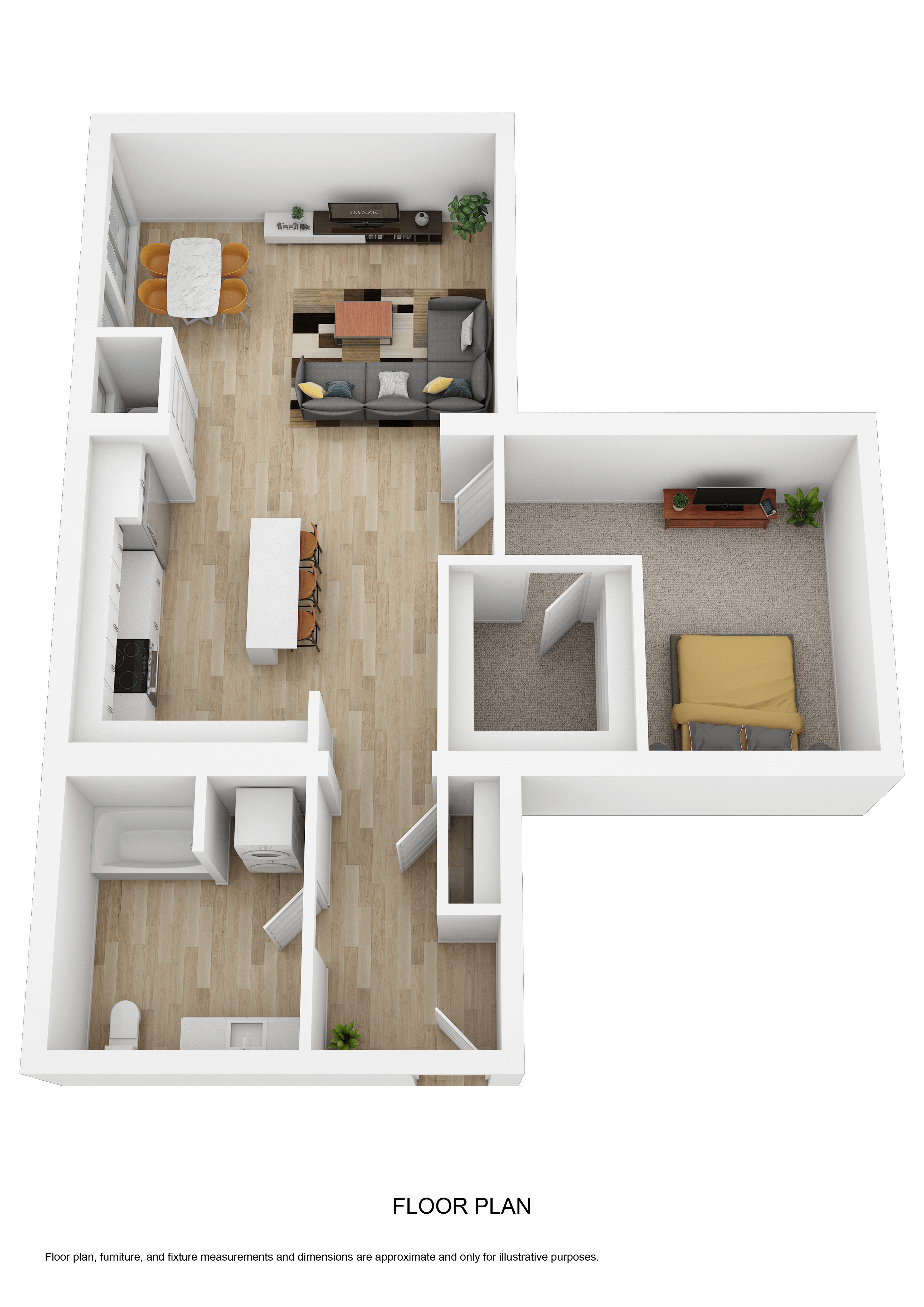 Floor plan for 1 bed, 1 bath, 872 sqft